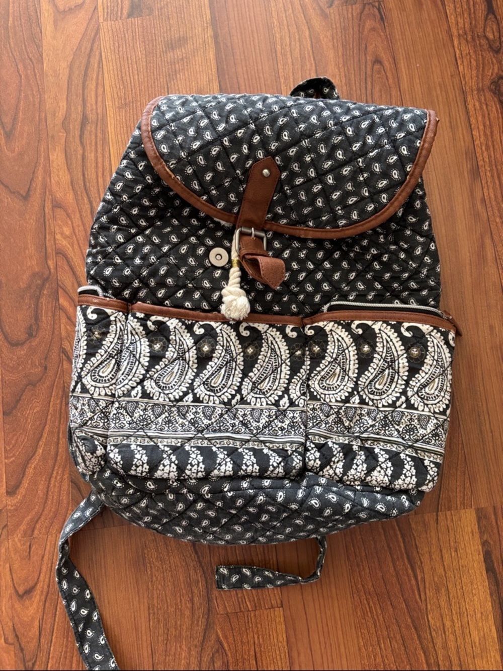 Quilted Black Paisley Backpack with Brown Trim